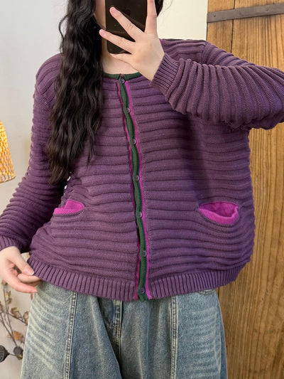 Women Autumn Retro O-Neck Colorblcok Sweater Coat