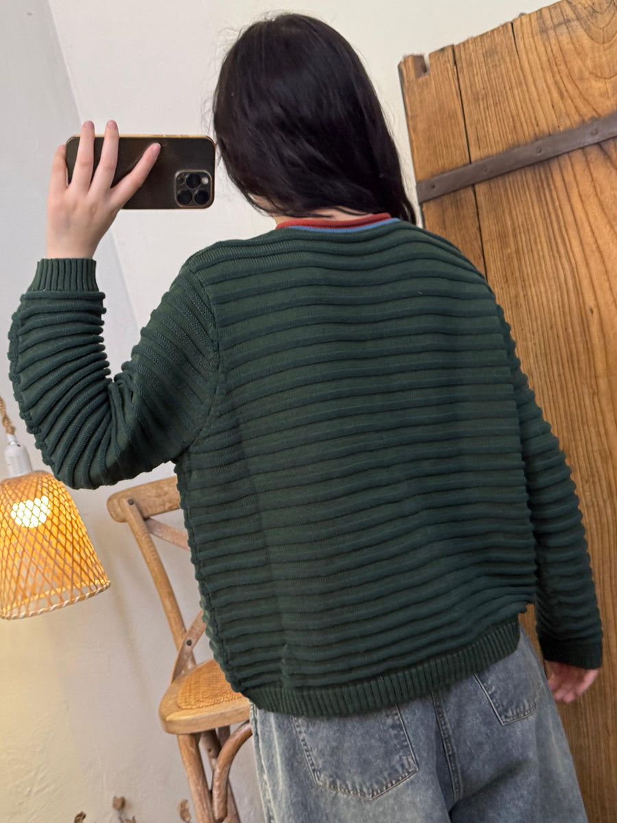 Women Autumn Retro O-Neck Colorblcok Sweater Coat