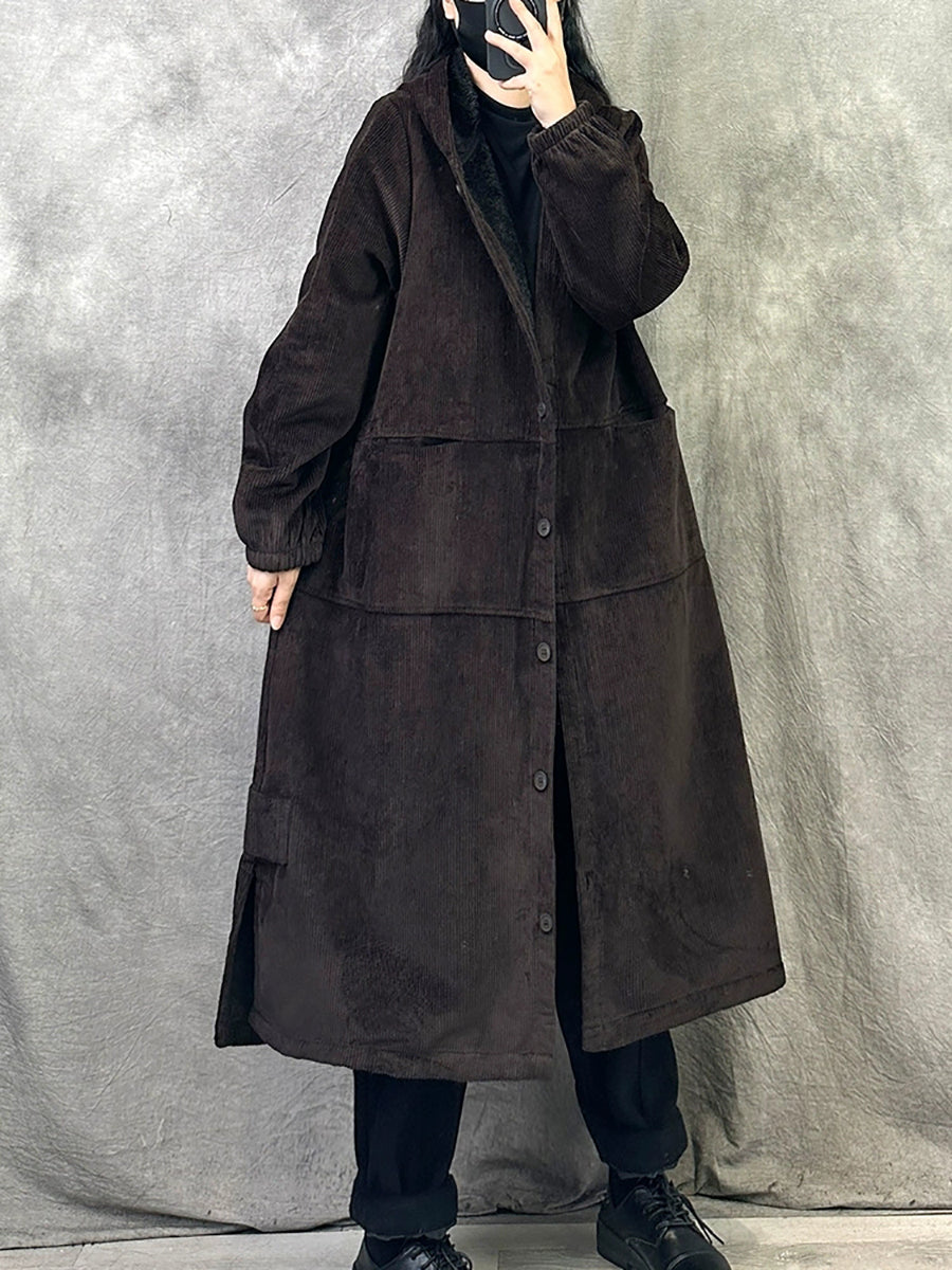 Women Autumn Retro Pure Color Corduroy Long Hooded Coat