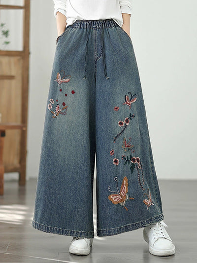 Women Autumn Artsy Embroidery Denim Wide-leg Pants