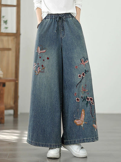 Women Autumn Artsy Embroidery Denim Wide-leg Pants