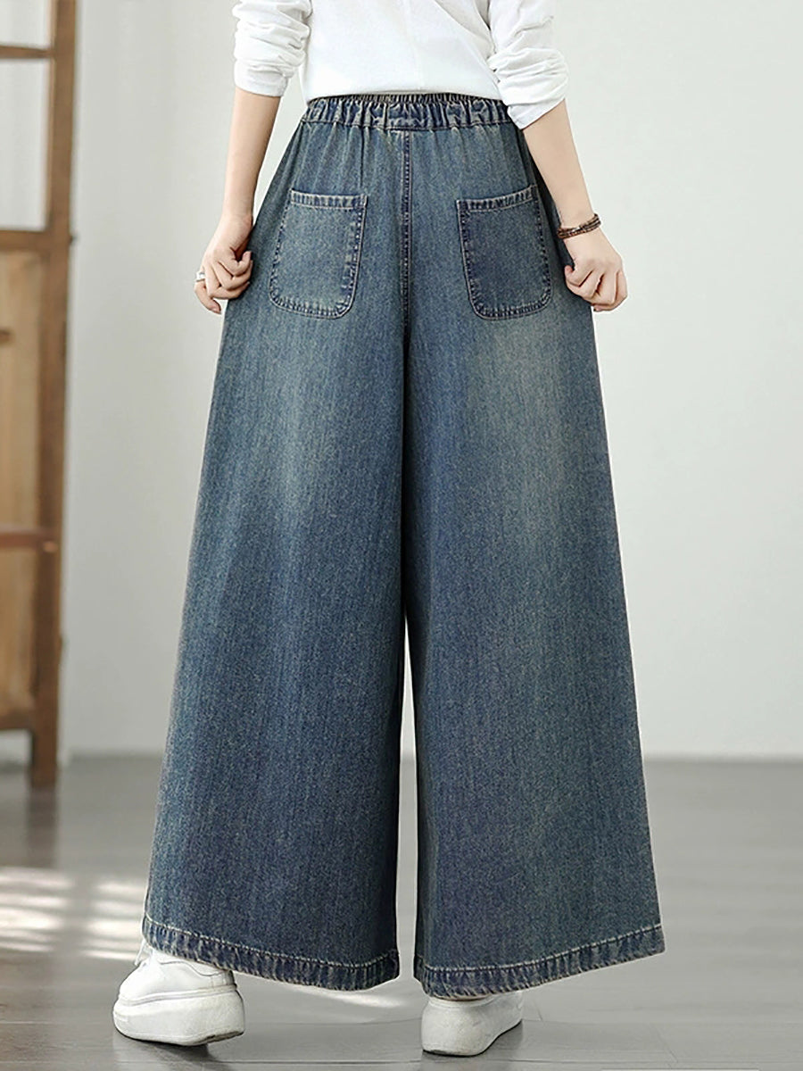 Women Autumn Artsy Embroidery Denim Wide-leg Pants