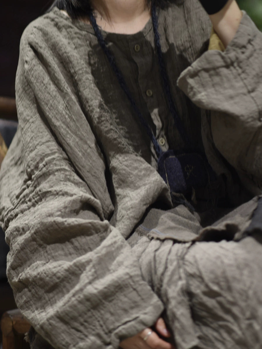 Women Autumn Retro Pure Color Linen O-Neck Jacket