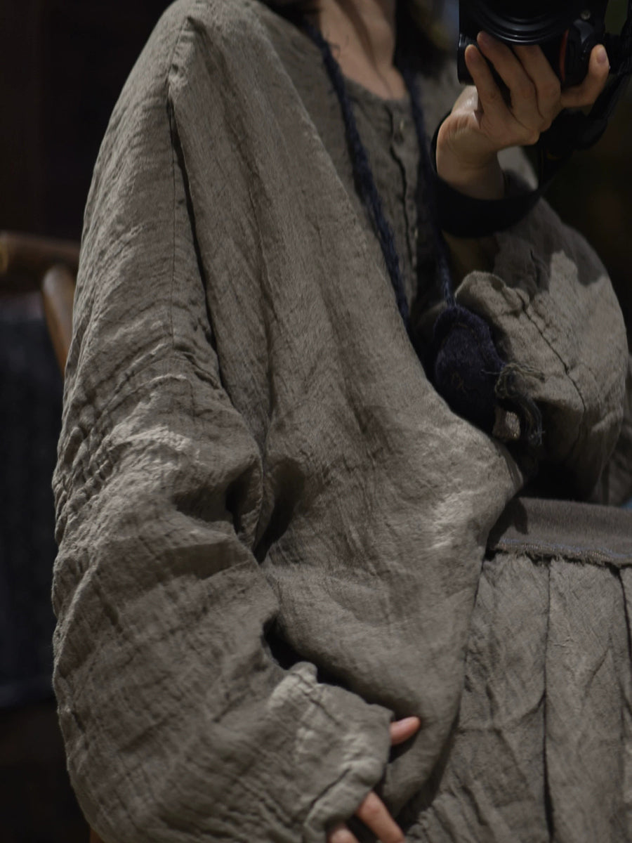 Women Autumn Retro Pure Color Linen O-Neck Jacket