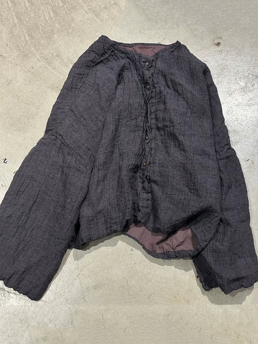 Women Autumn Retro Pure Color Linen O-Neck Jacket