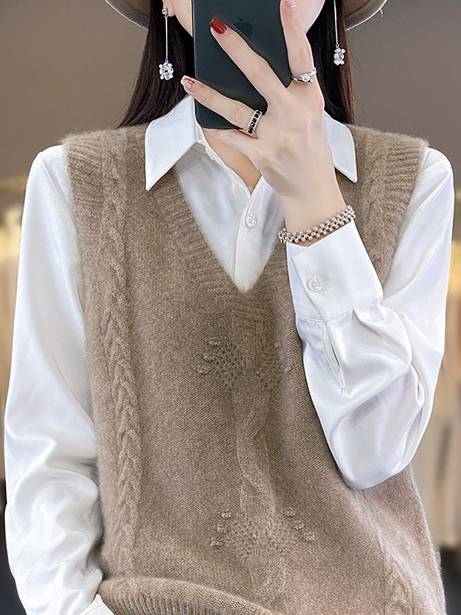 Women Autumn Casual Pure Color V-Neck Knitted Vest