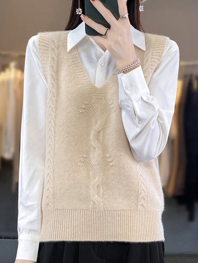 Women Autumn Casual Pure Color V-Neck Knitted Vest
