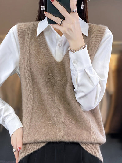 Women Autumn Casual Pure Color V-Neck Knitted Vest