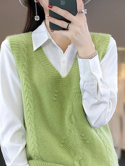 Women Autumn Casual Pure Color V-Neck Knitted Vest