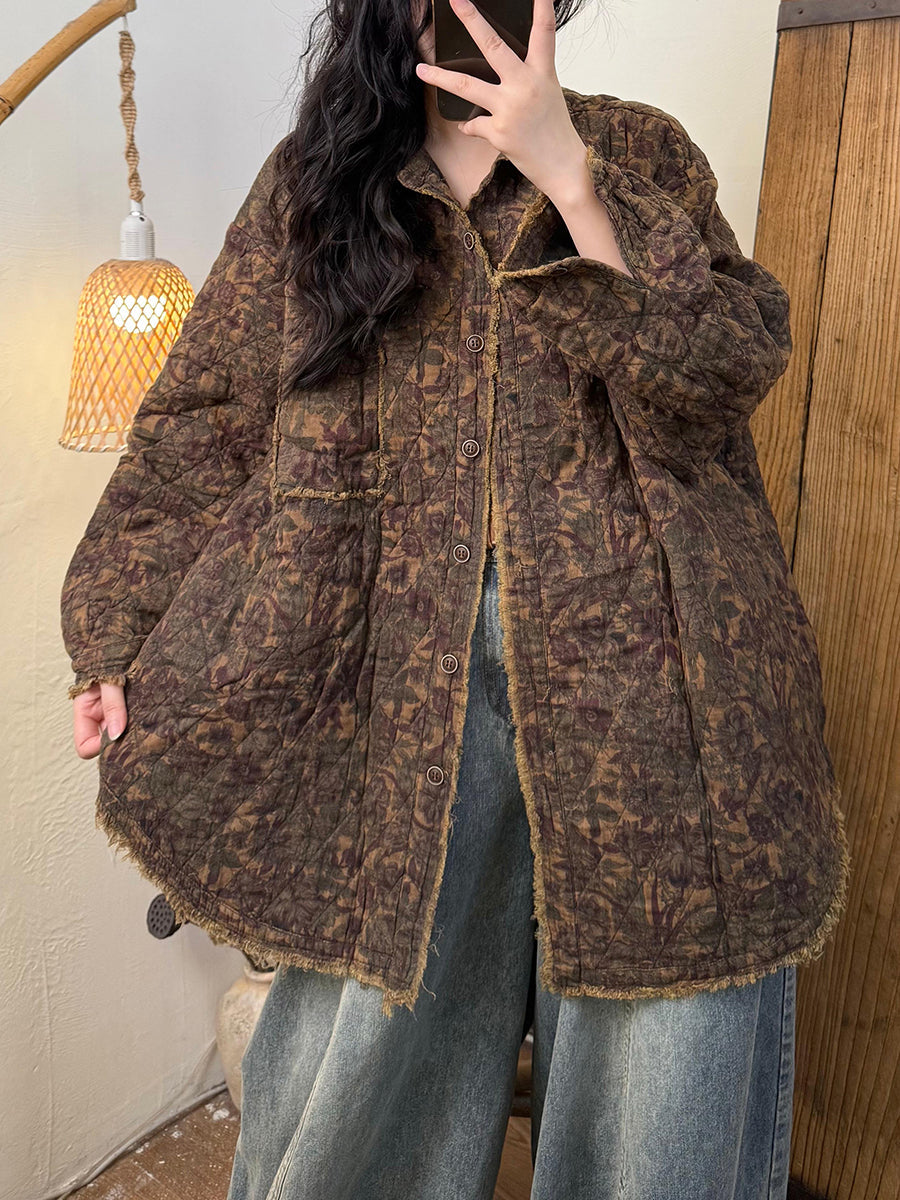 Women Vintage Autumn Floral Turn-down Collar Cotton Jacket