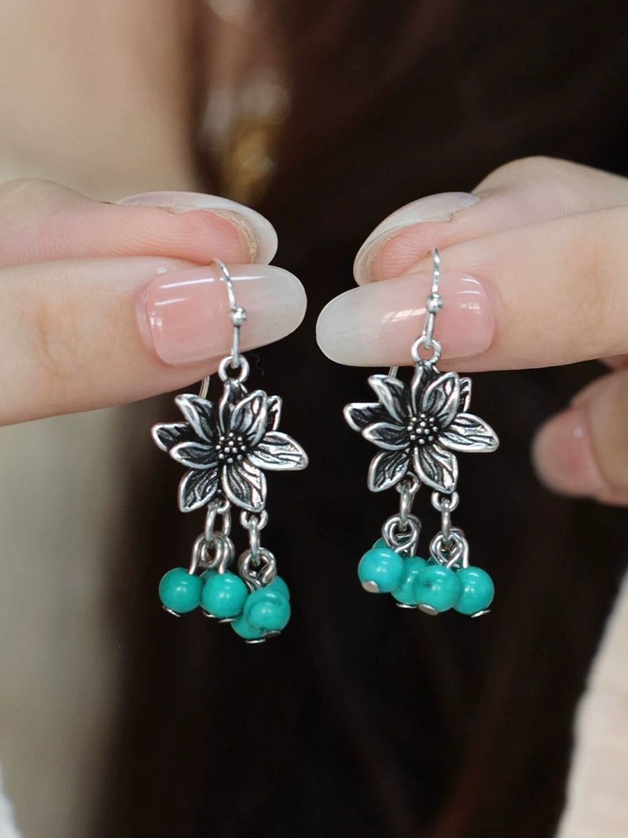 Women Ethnic Alloy Lotus Turquoise Beads Tassel Earrings