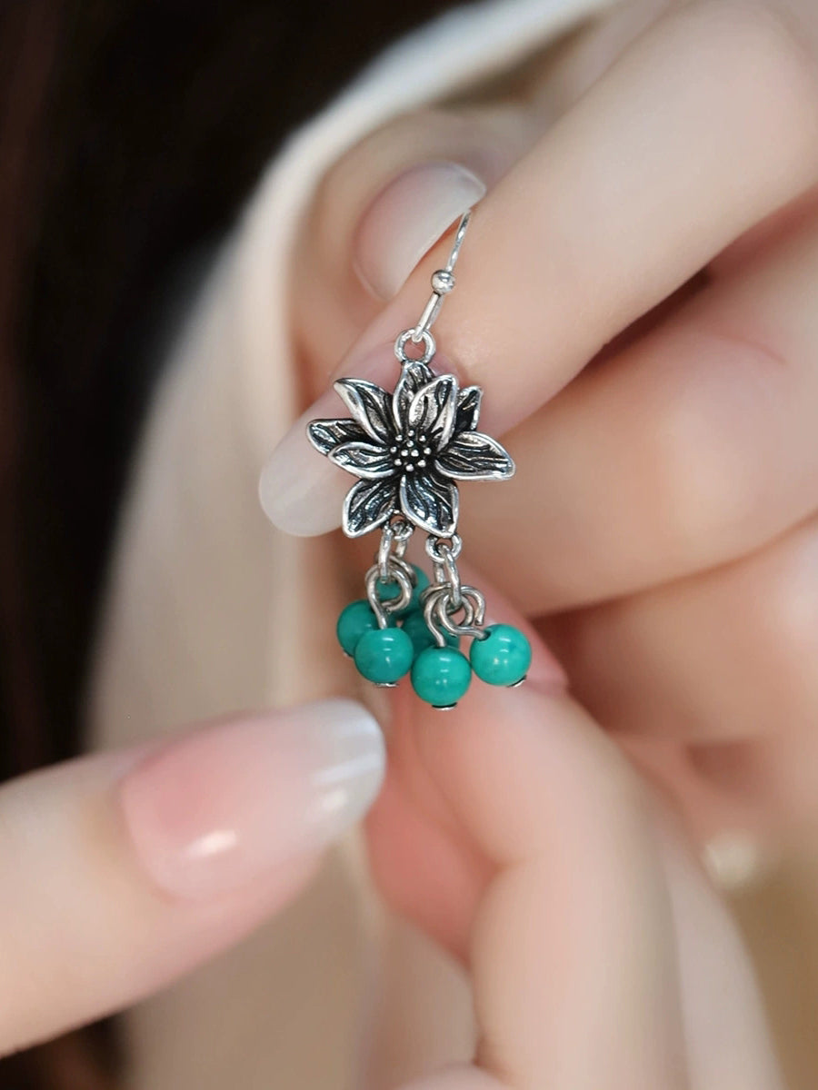 Women Ethnic Alloy Lotus Turquoise Beads Tassel Earrings