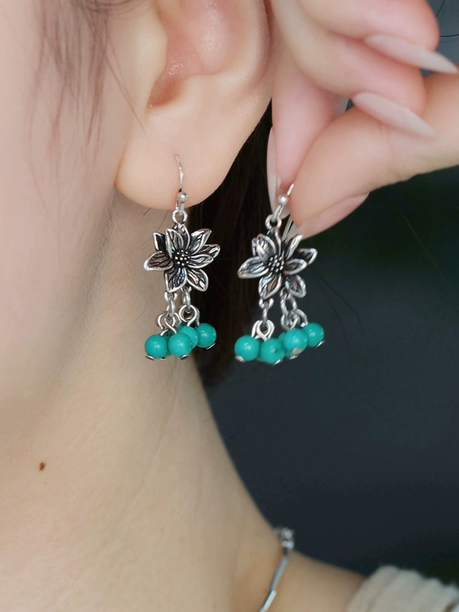 Women Ethnic Alloy Lotus Turquoise Beads Tassel Earrings