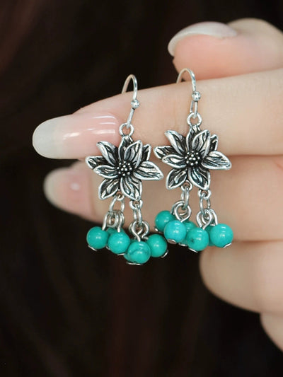 Women Ethnic Alloy Lotus Turquoise Beads Tassel Earrings