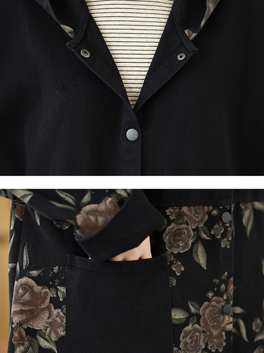 Women Vintage Autumn Flower Spliced Denim Hooded Coat