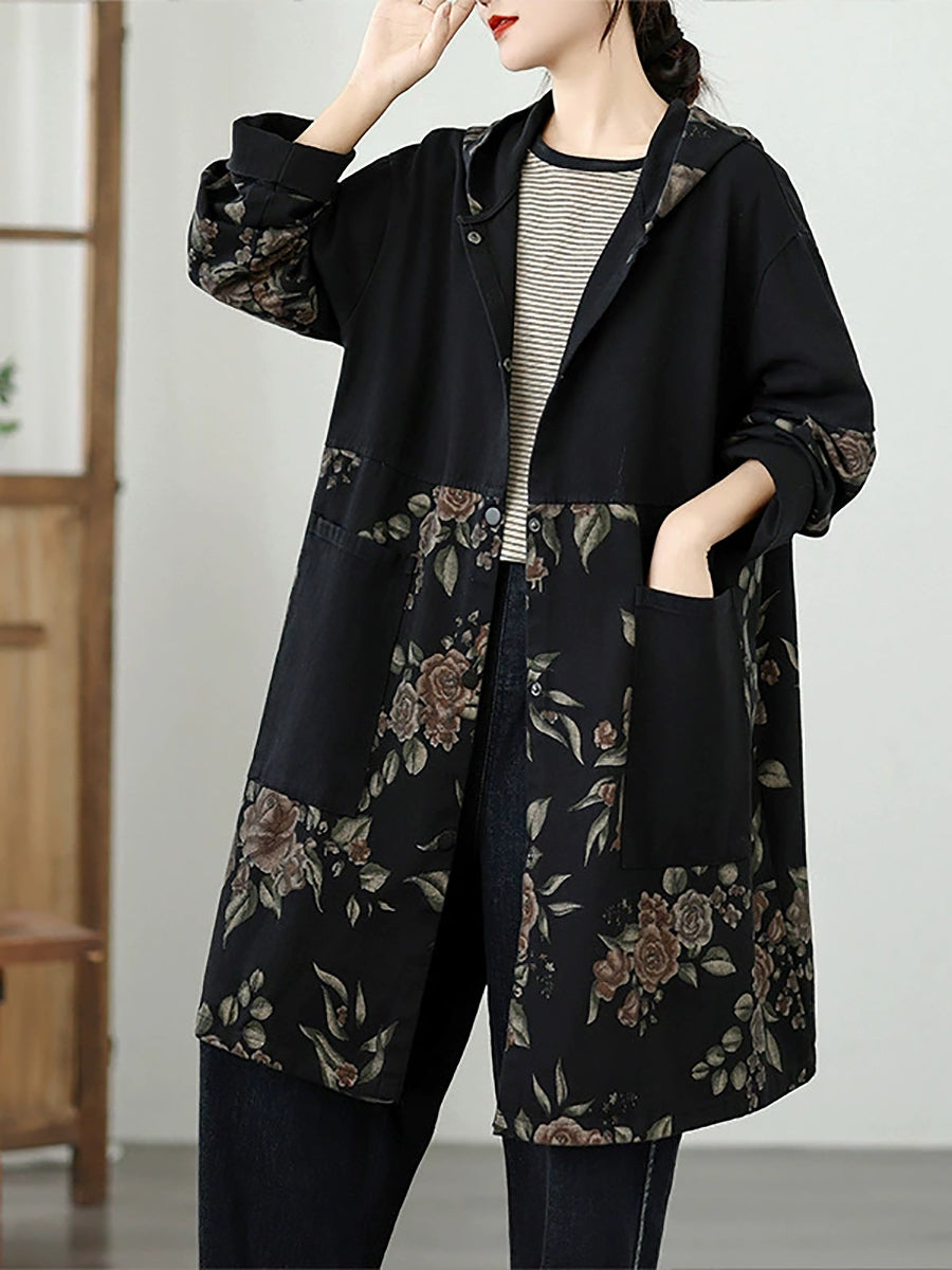 Women Vintage Autumn Flower Spliced Denim Hooded Coat