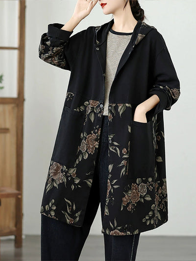Women Vintage Autumn Flower Spliced Denim Hooded Coat