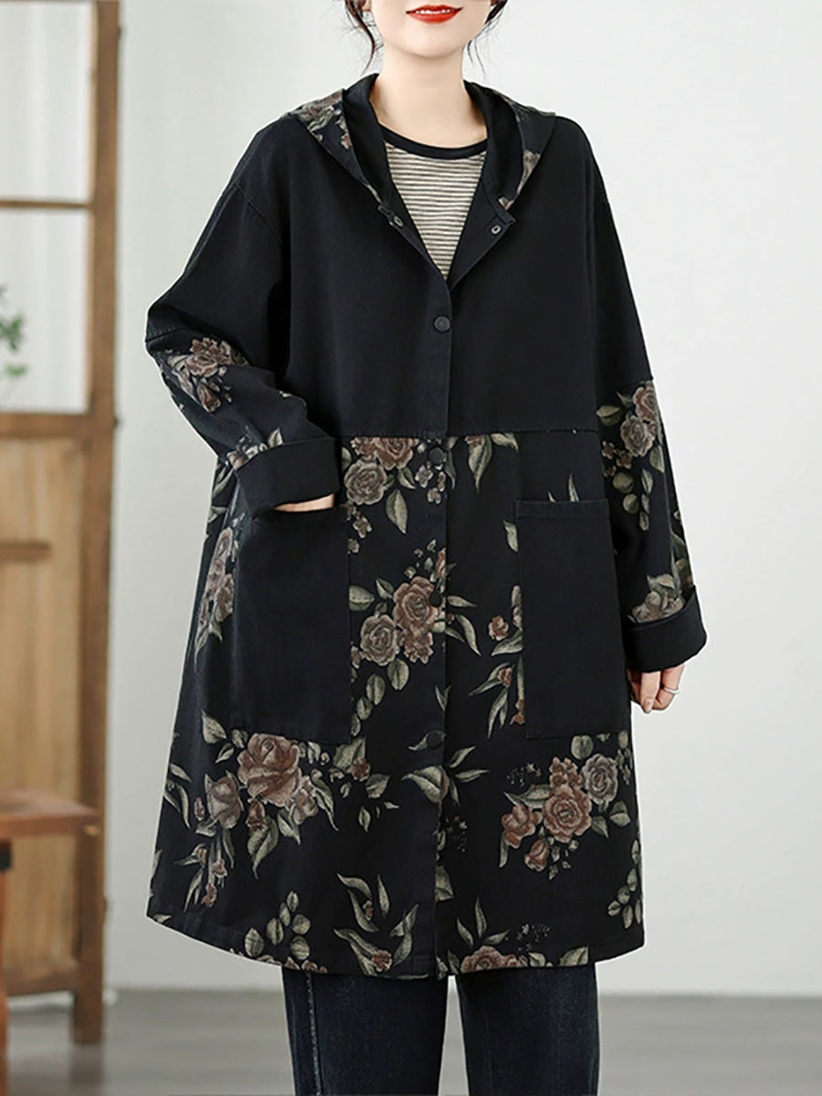 Women Vintage Autumn Flower Spliced Denim Hooded Coat