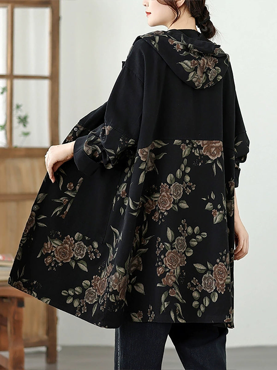 Women Vintage Autumn Flower Spliced Denim Hooded Coat