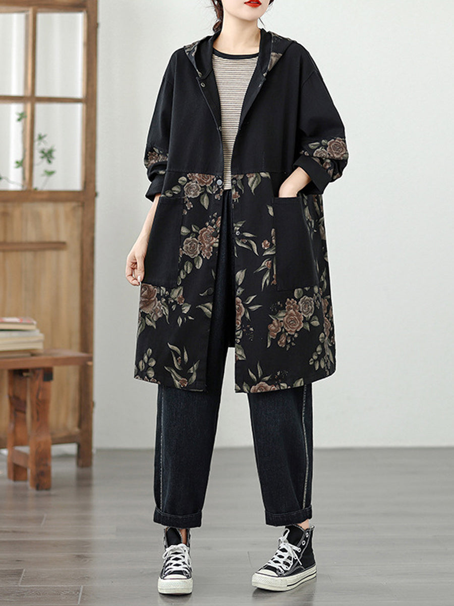 Women Vintage Autumn Flower Spliced Denim Hooded Coat