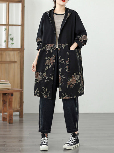 Women Vintage Autumn Flower Spliced Denim Hooded Coat