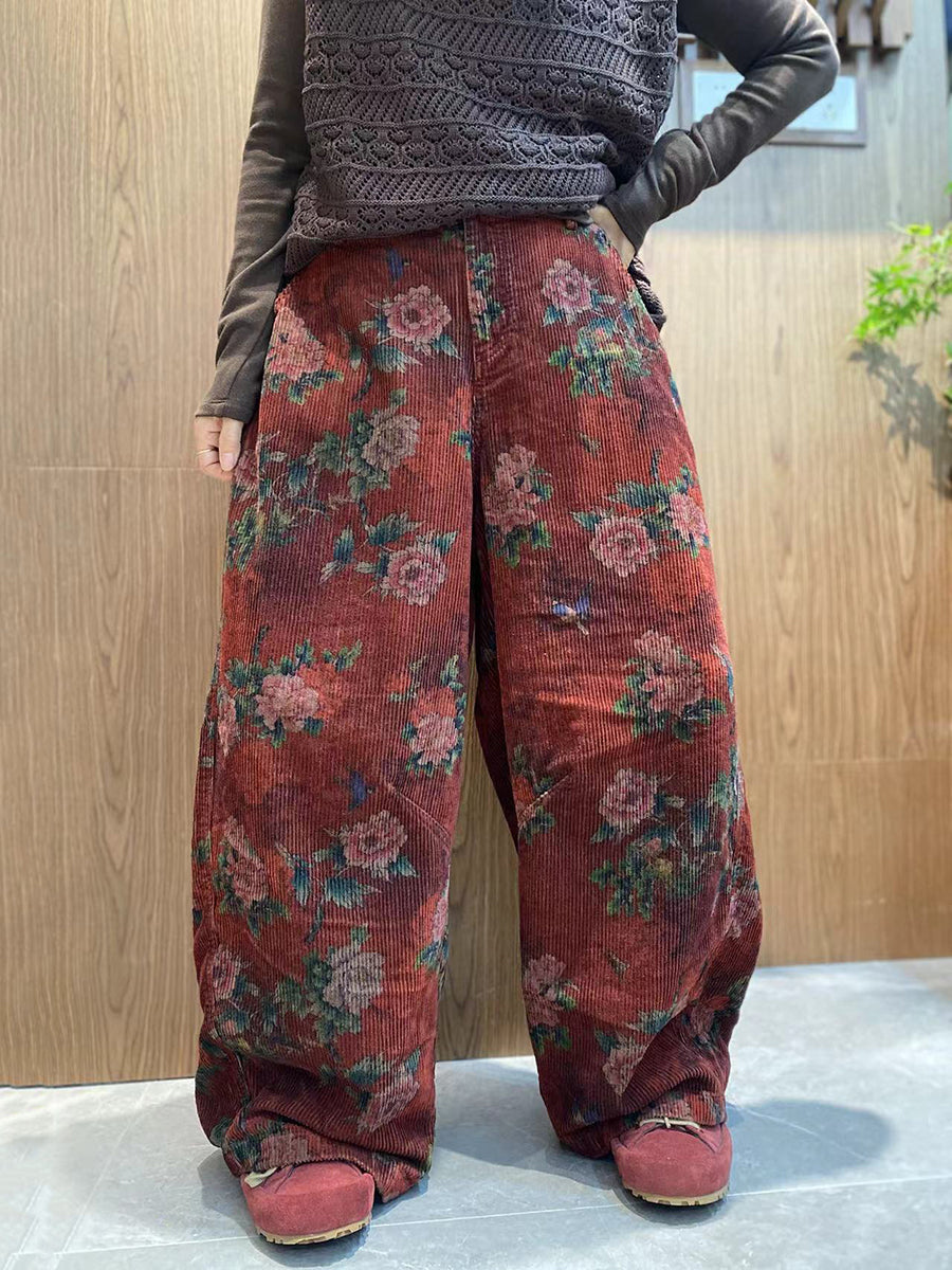 Women Autumn Retro Flower Corduroy Wide-leg Pants