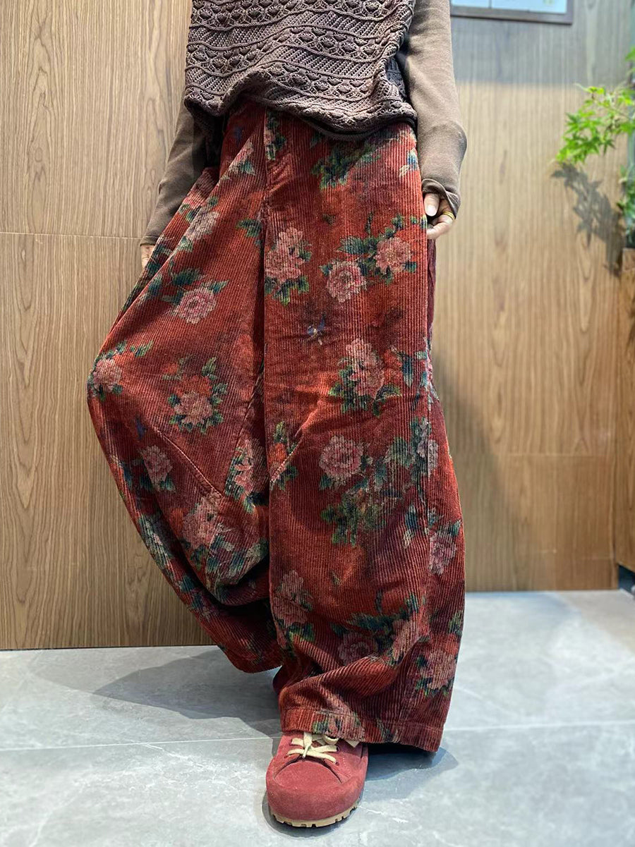 Women Autumn Retro Flower Corduroy Wide-leg Pants