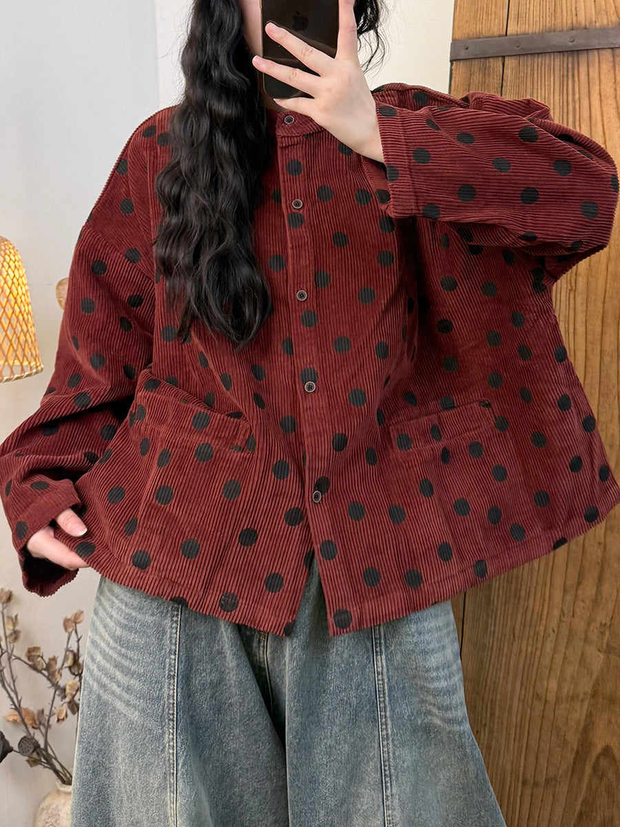 Women Vintage Autumn Dot Stand Collar Corduroy Jacket