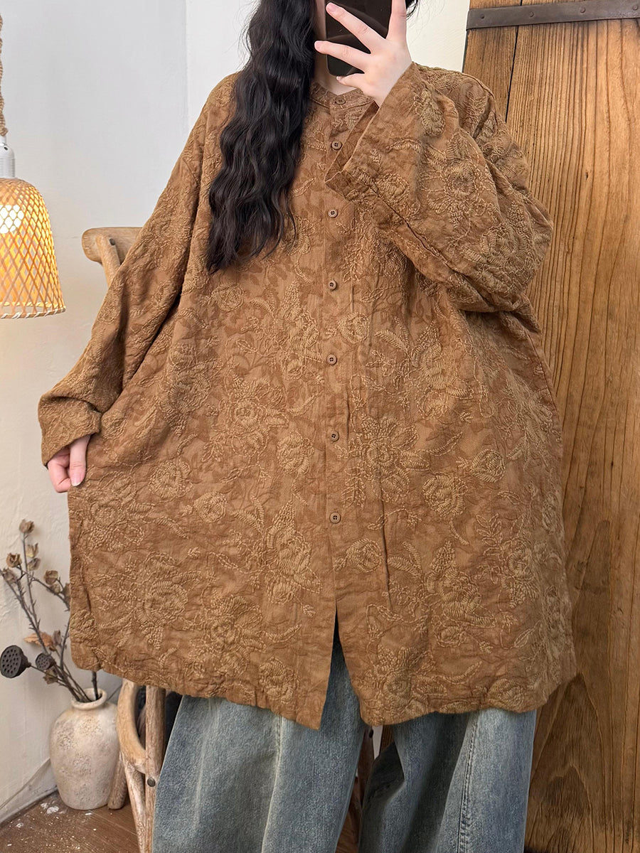 Women Autumn Artsy Embroidery Linen Stand Collar Shirt