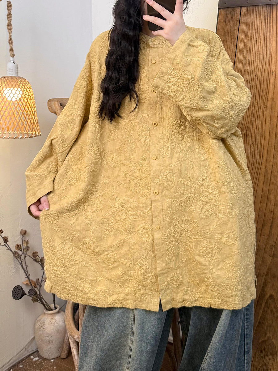Women Autumn Artsy Embroidery Linen Stand Collar Shirt