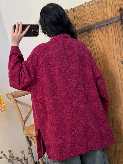 Women Autumn Artsy Embroidery Linen Stand Collar Shirt