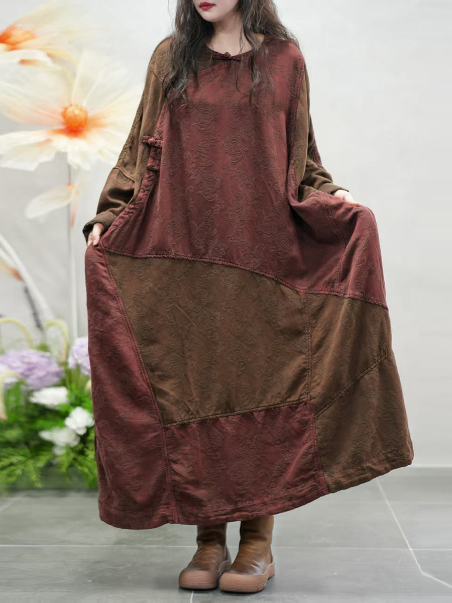 Women Autumn Colorblock O-Neck 100%Cotton Maxi Dress