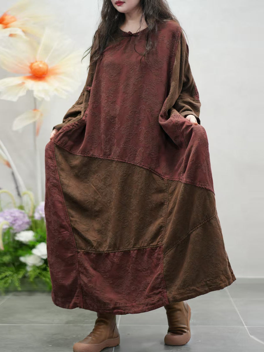 Women Autumn Colorblock O-Neck 100%Cotton Maxi Dress