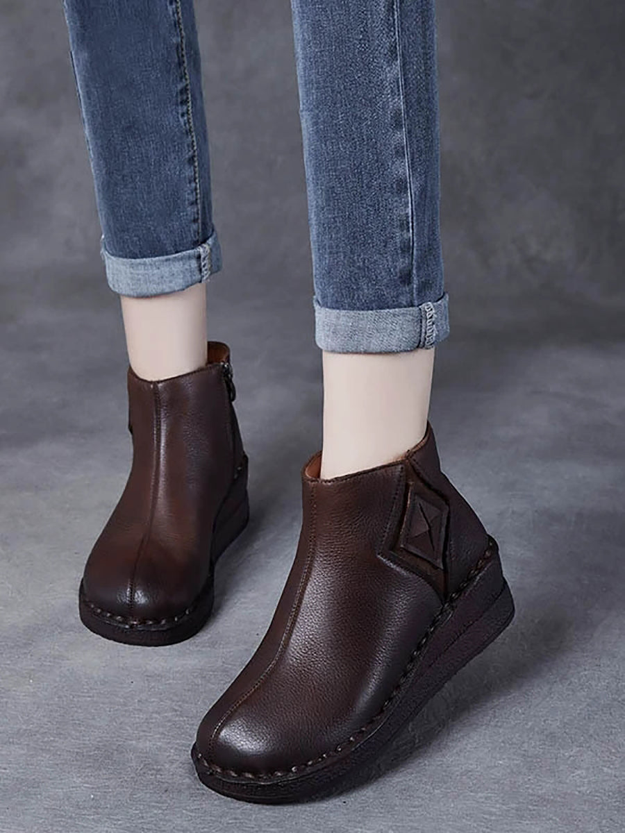 Women Vintage Genuine Leather Spliced Platform Boots