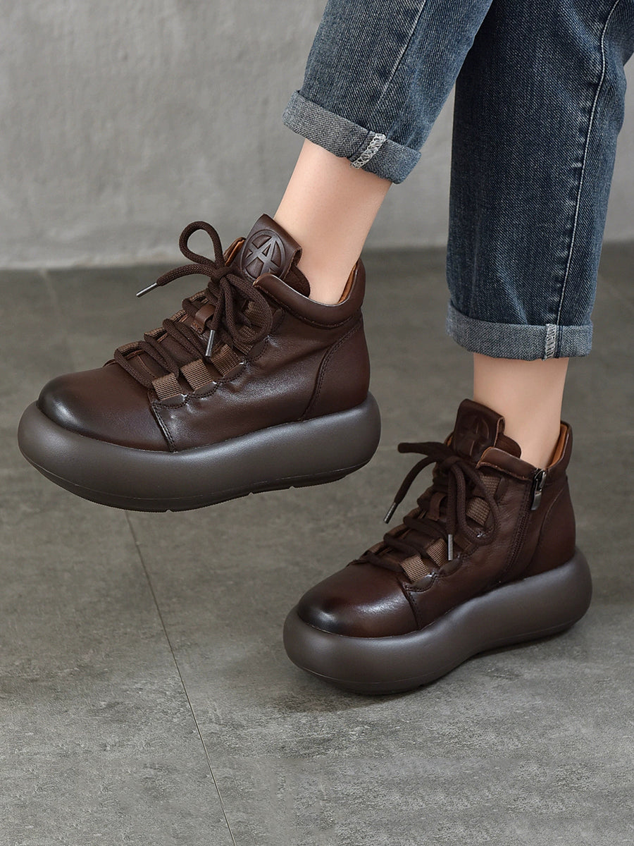 Women Vintage Genuine Leather Spliced Platform Boots