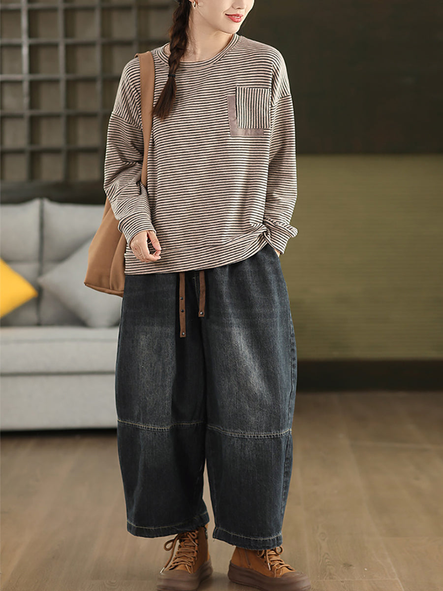 Women Autumn Artsy Stripe Cotton O-Neck Shirt