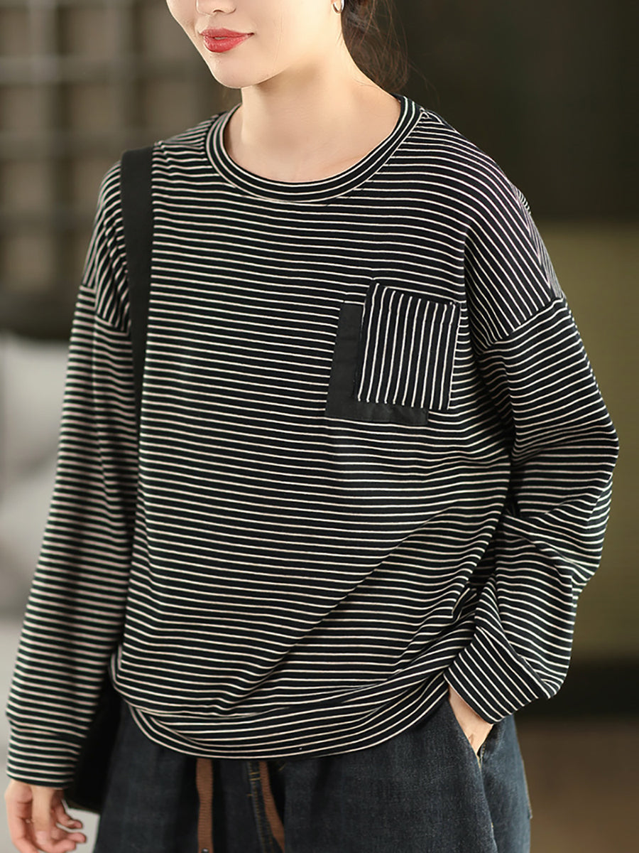 Women Autumn Artsy Stripe Cotton O-Neck Shirt