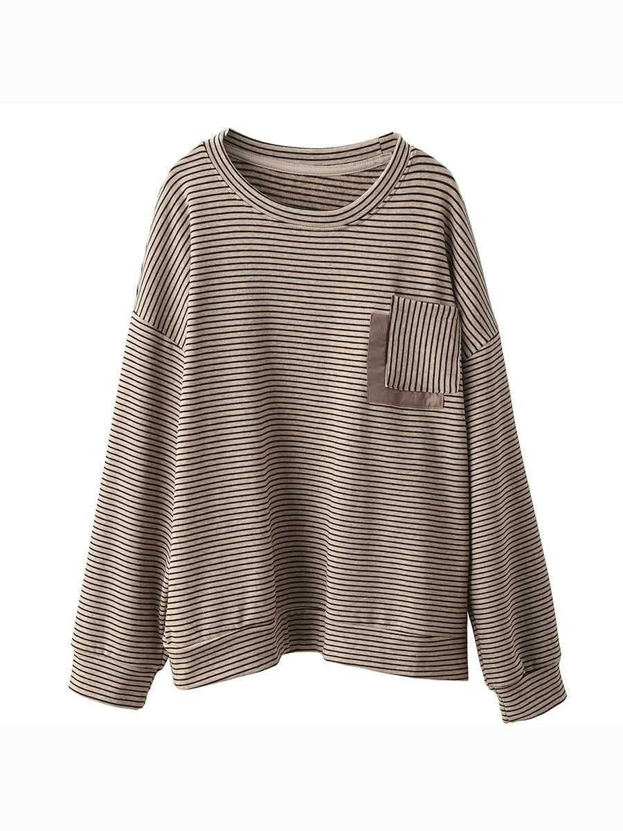 Women Autumn Artsy Stripe Cotton O-Neck Shirt