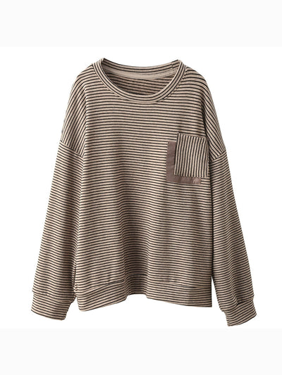 Women Autumn Artsy Stripe Cotton O-Neck Shirt