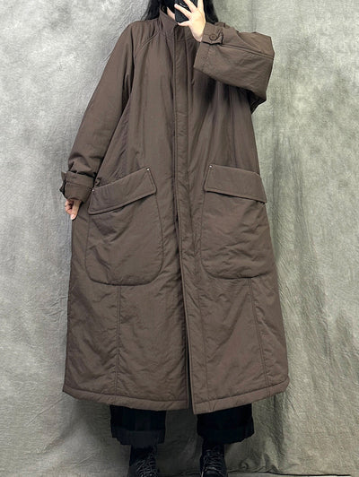 Women Winter Casual Pure Color Stand Collar Long Coat