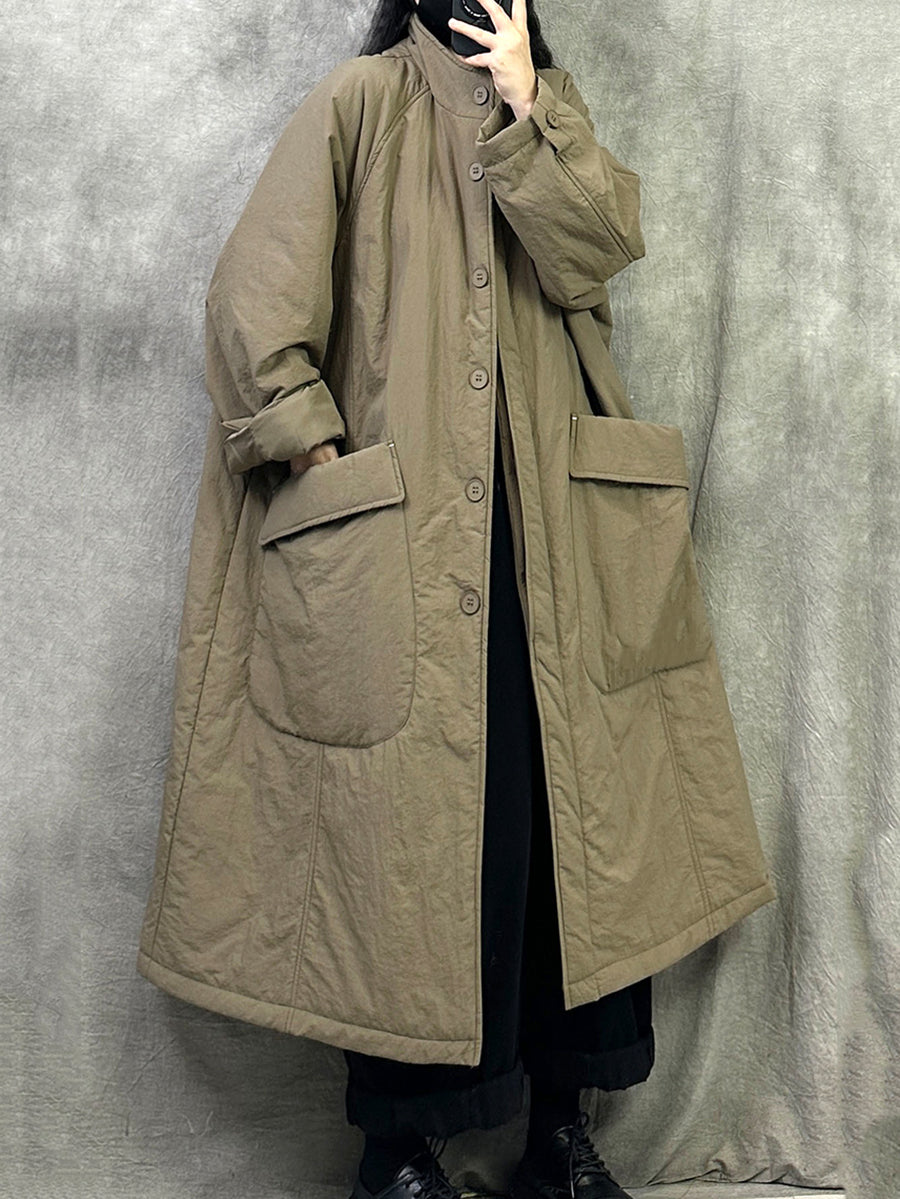 Women Winter Casual Pure Color Stand Collar Long Coat