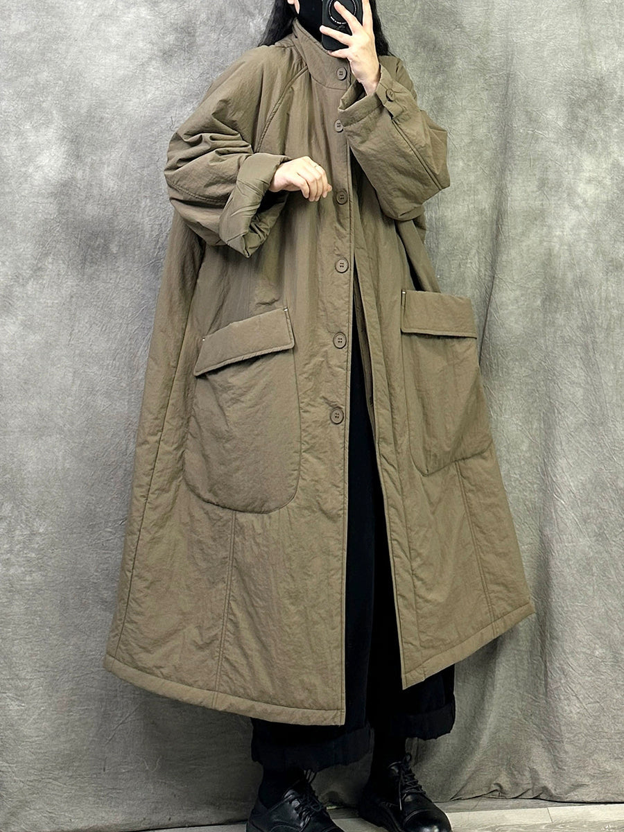 Women Winter Casual Pure Color Stand Collar Long Coat