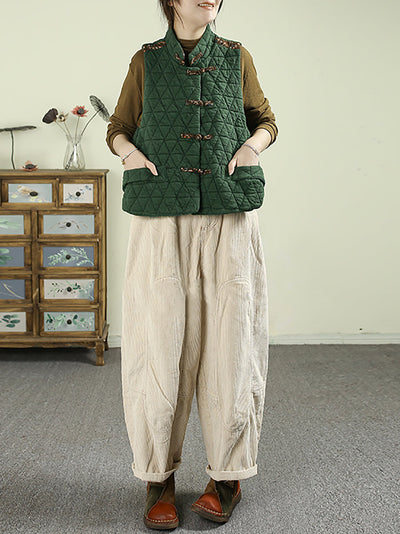 Women Autumn Ethnic Patchwork Stand Collar Padded Vest