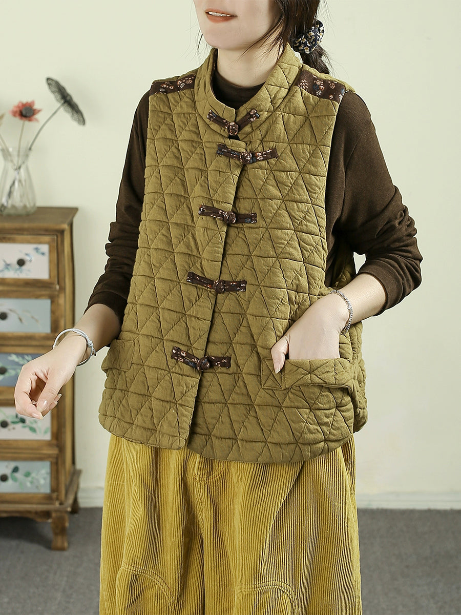 Women Autumn Ethnic Patchwork Stand Collar Padded Vest