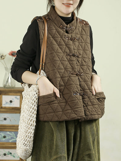 Women Autumn Ethnic Patchwork Stand Collar Padded Vest