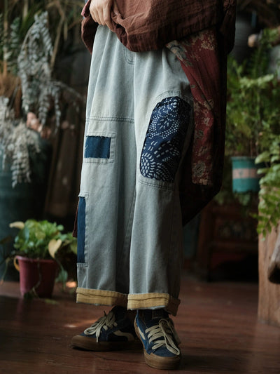 Women Vintage Patch Spliced Denim Wide-leg Pants