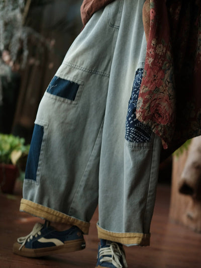 Women Vintage Patch Spliced Denim Wide-leg Pants