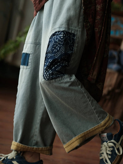 Women Vintage Patch Spliced Denim Wide-leg Pants