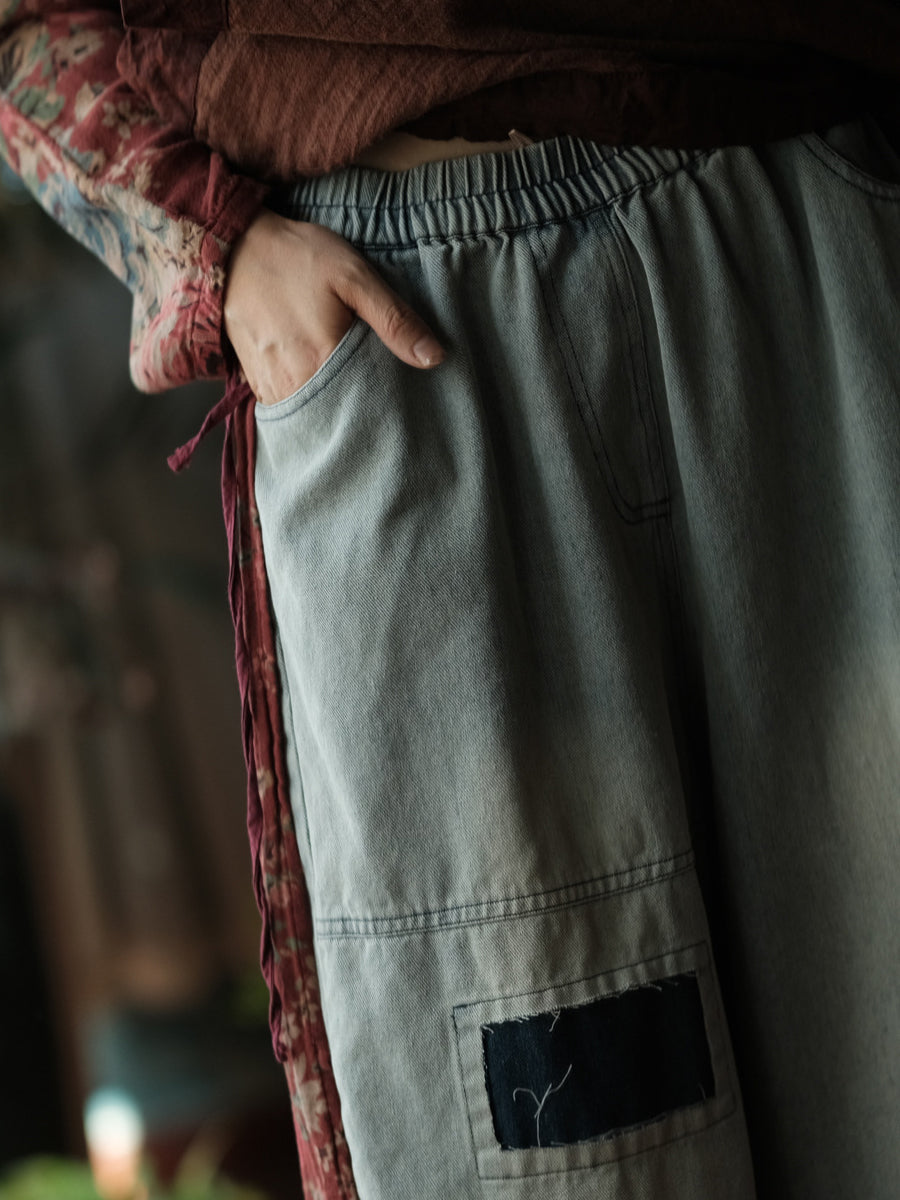 Women Vintage Patch Spliced Denim Wide-leg Pants