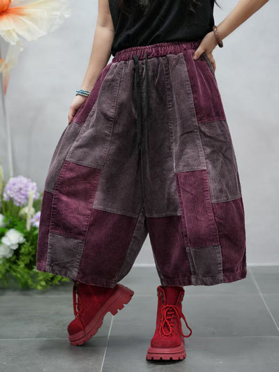 Women Autumn Retro Colorblock Corduroy Wide-leg Pants